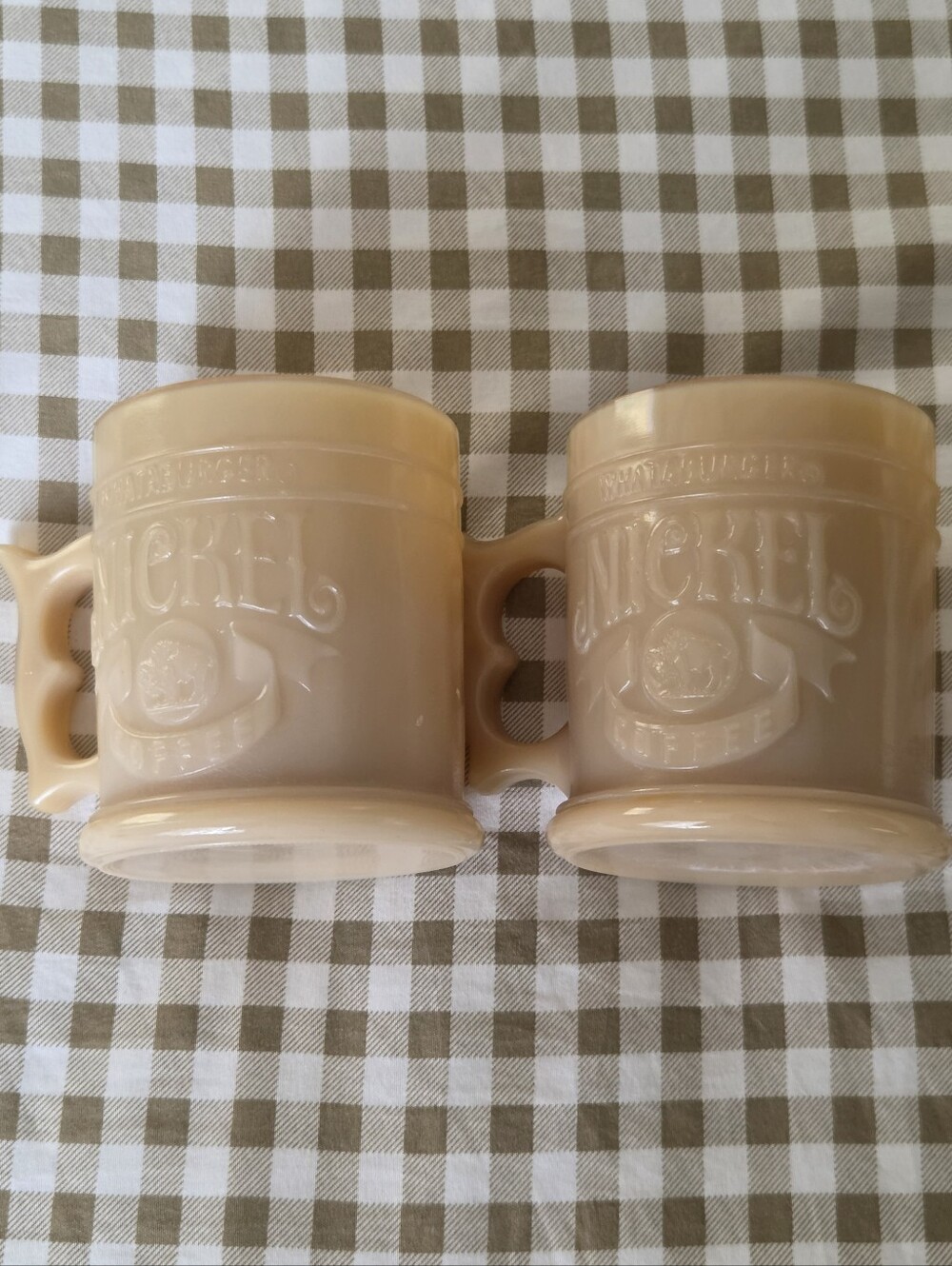 Vintage Set Of 2 Whataburger Buffalo Nickel Mugs, Butterscotch Milk Glass Pistol - Picture 12 of 13